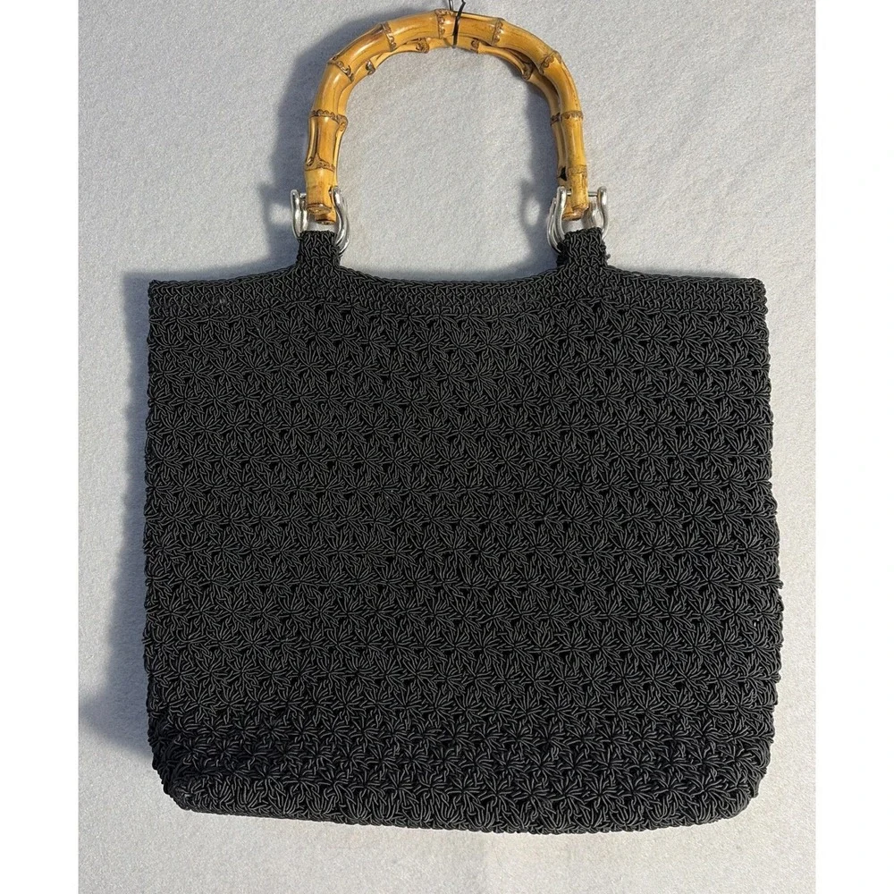 Black Woven Purse With Bamboo Handles, Slouchy Summer Boho
